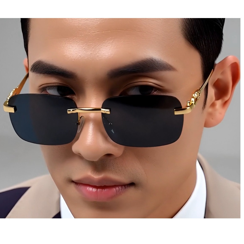 Rimless Sunglasses Black Lens Rectangle Leopard Detail Fashion Sun Glasses Gafas